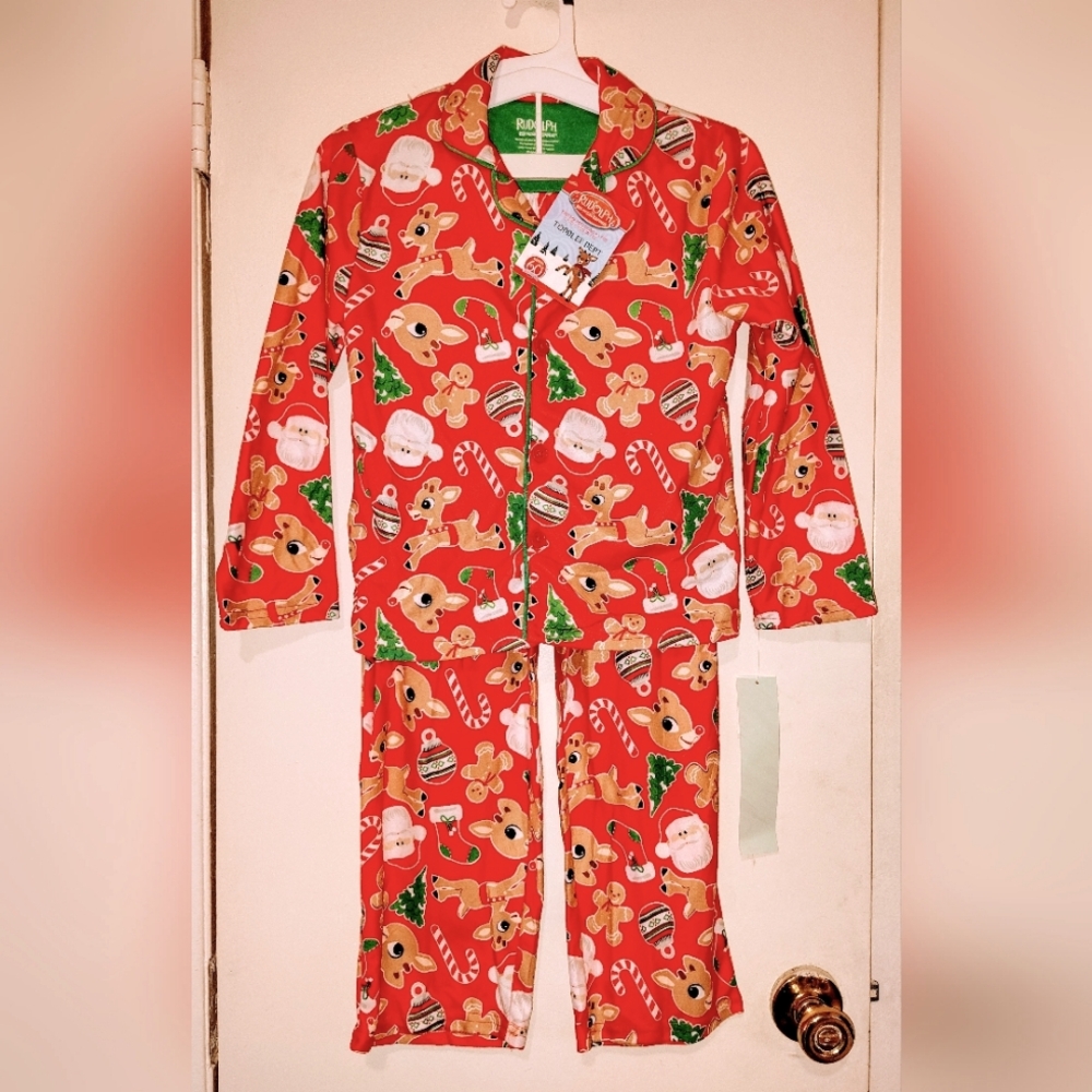 Rudolph The Red Nose Reindeer 2 Piece Button Down PJ's size S 6/7 New With Tags